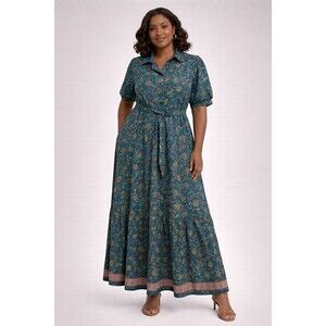 Teal Floral Maxi Dress Short Sleeve Button Front Boho Dress Summer Work XL